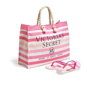 Victoria’s Secret Pink Striped Tote + Flip Flops